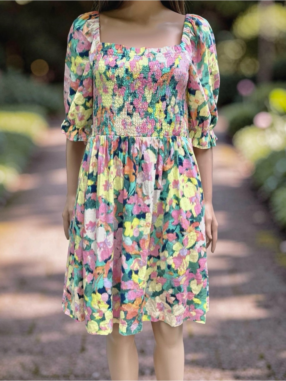 GAP NWT Floral Linen Blend Smocked Babydoll Dress Pockets Large